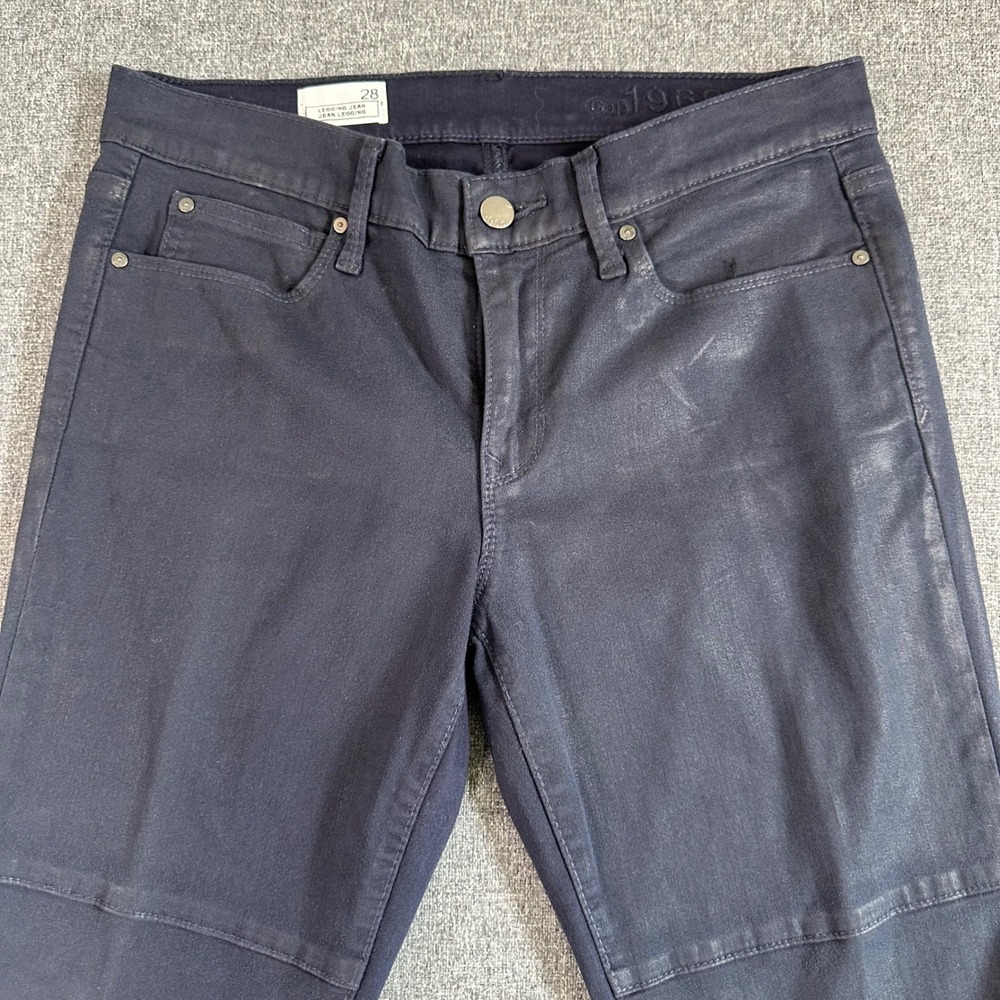 Gap 1969 Legging Jeans Navy Blue Coated Waxed Moto Skinny‎ Denim Womens Size 28 - Picture 6 of 12